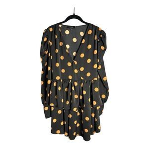 En Saison Black and Gold Polka Dot Long Sleeve Wrap Dress Ruffles Size Small